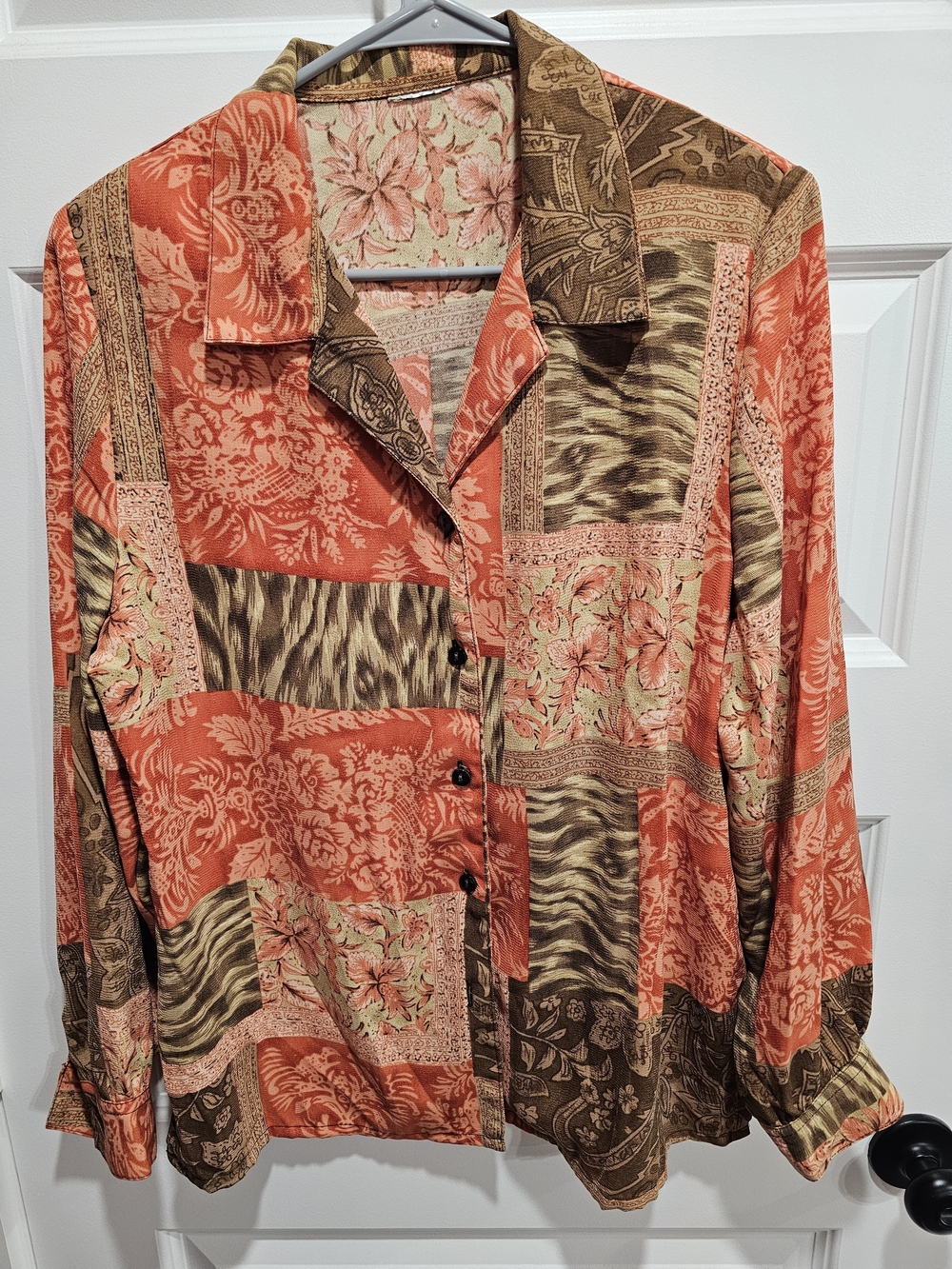 Coldwater Creek Patchwork Button-Down Shirt in Coral and Brown